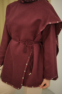 Dikişleri Deri Detay Ceket Mürdüm