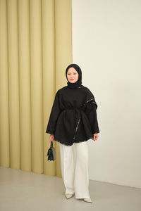 Dikişleri Deri Detay Ceket Siyah