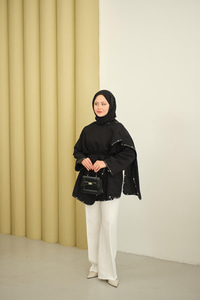 Dikişleri Deri Detay Ceket Siyah