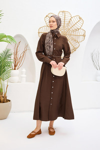 Dilimli Cupra Elbise Kahverengi