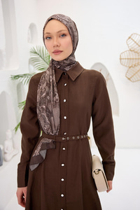 Dilimli Cupra Elbise Kahverengi