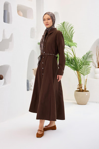 Dilimli Cupra Elbise Kahverengi