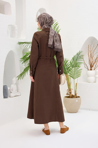 Dilimli Cupra Elbise Kahverengi