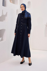 Dilimli Cupra Elbise Lacivert