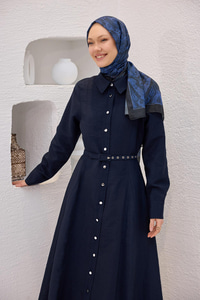 Dilimli Cupra Elbise Lacivert