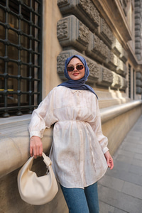 Dokulu Oversize Gömlek Ekru