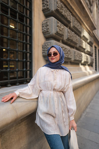 Dokulu Oversize Gömlek Ekru