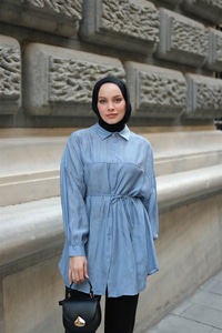 Dokulu Oversize Gömlek İndigo Mavi