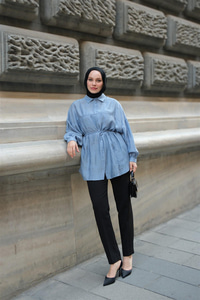 Dokulu Oversize Gömlek İndigo Mavi