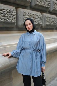 Dokulu Oversize Gömlek İndigo Mavi