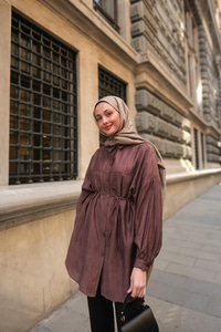 Dokulu Oversize Gömlek Kahverengi