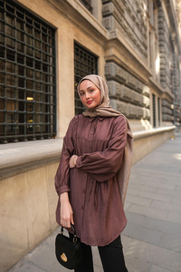 Dokulu Oversize Gömlek Kahverengi