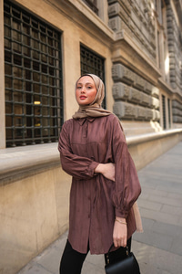 Dokulu Oversize Gömlek Kahverengi