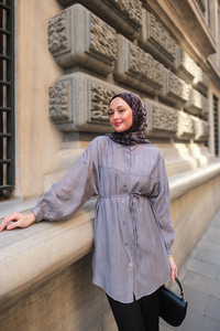 Dokulu Oversize Gömlek Mavi