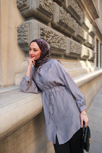 Dokulu Oversize Gömlek Mavi