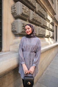 Dokulu Oversize Gömlek Mavi