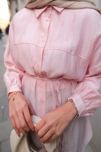 Dokulu Oversize Gömlek Pembe