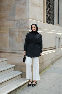 Dokulu Oversize Gömlek Siyah