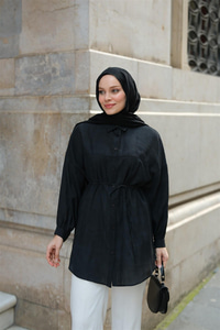 Dokulu Oversize Gömlek Siyah