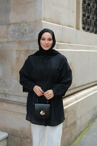 Dokulu Oversize Gömlek Siyah