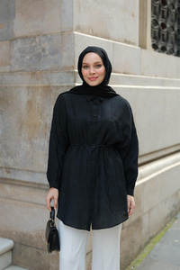 Dokulu Oversize Gömlek Siyah