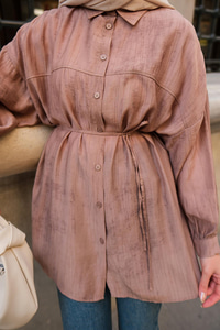 Dokulu Oversize Gömlek Vizon