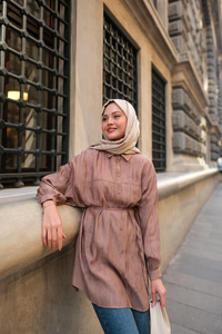 Dokulu Oversize Gömlek Vizon