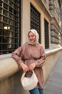 Dokulu Oversize Gömlek Vizon