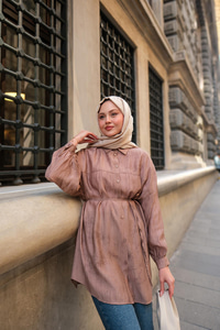 Dokulu Oversize Gömlek Vizon