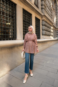 Dokulu Oversize Gömlek Vizon