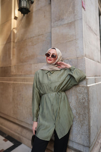 Dokulu Oversize Gömlek Yeşil