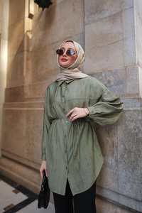 Dokulu Oversize Gömlek Yeşil