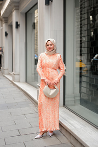 Dökümlü Viskon Elbise Somon