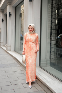 Dökümlü Viskon Elbise Somon