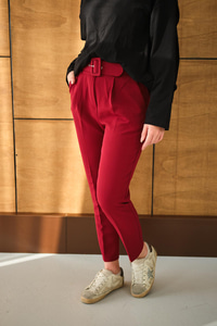 DUBLE KAPLAMA KEMERLI PANTOLON Bordo