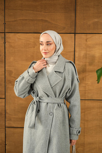 Düğme Detay Bel Bağlamalı Kaban Gri