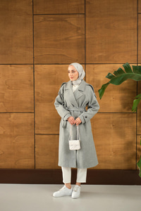 Düğme Detay Bel Bağlamalı Kaban Gri