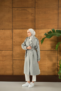 Düğme Detay Bel Bağlamalı Kaban Gri