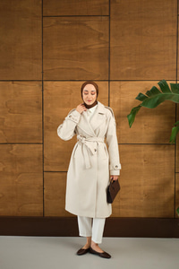 Düğme Detay Bel Bağlamalı Kaban Krem