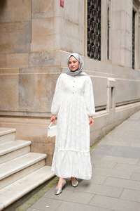 Düğme Detay Bisiklet Yaka Elbise Beyaz