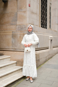 Düğme Detay Bisiklet Yaka Elbise Beyaz