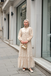 Düğme Detay Bisiklet Yaka Elbise Krem