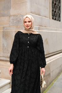 Düğme Detay Bisiklet Yaka Elbise Siyah