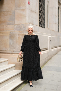 Düğme Detay Bisiklet Yaka Elbise Siyah