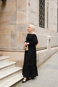 Düğme Detay Bisiklet Yaka Elbise Siyah