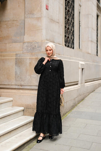 Düğme Detay Bisiklet Yaka Elbise Siyah