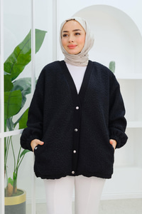 Düğme Detay Buklet Hırka Siyah