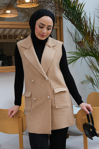 Düğme Detay Buklet Yelek Vizon