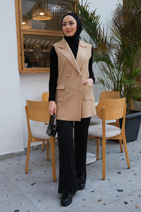 Düğme Detay Buklet Yelek Vizon