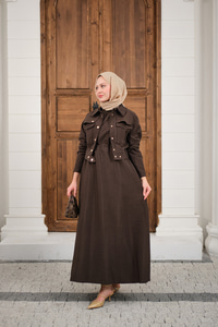 Düğme Detay Ceketli Takım Kahverengi